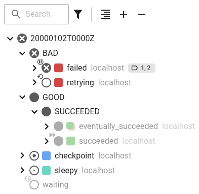 Failed and running tasks fully visible while completed and waiting tasks are dimmed.